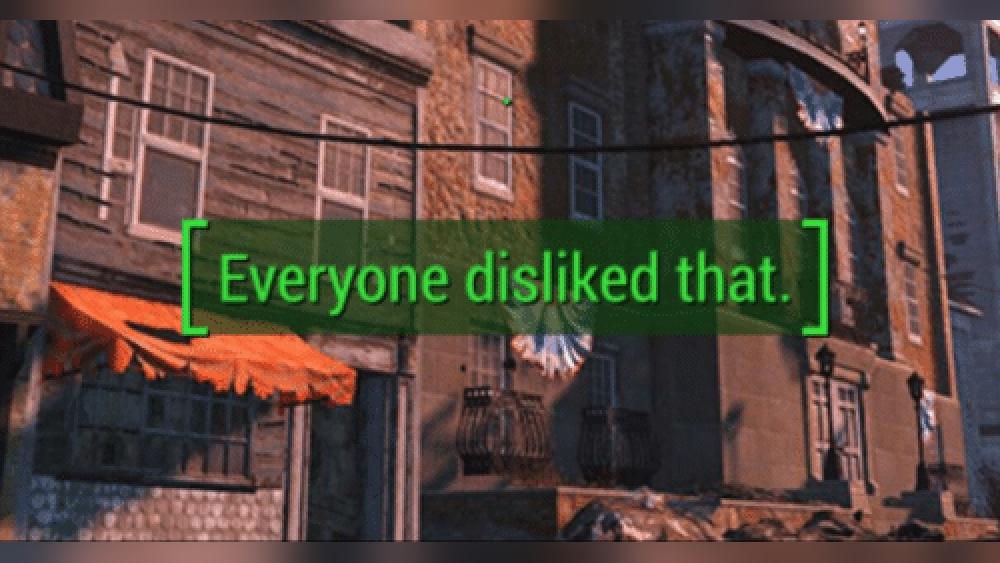 Screenshot from a Fallout game, with a pop-up message: "Everyone disliked that."